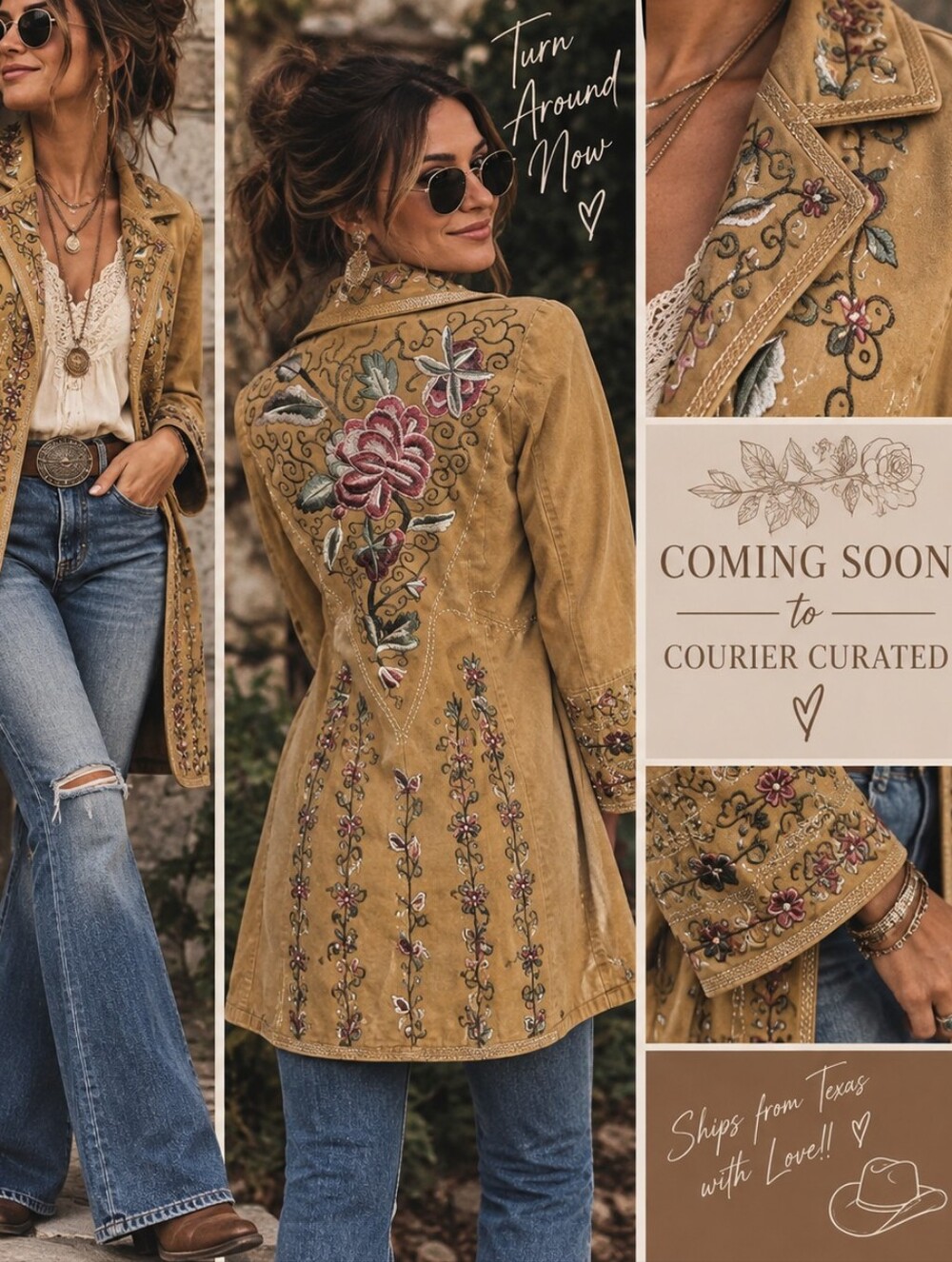 Goldenrod Camel Embroidered Floral Western Longline Jacket Rose Boho
